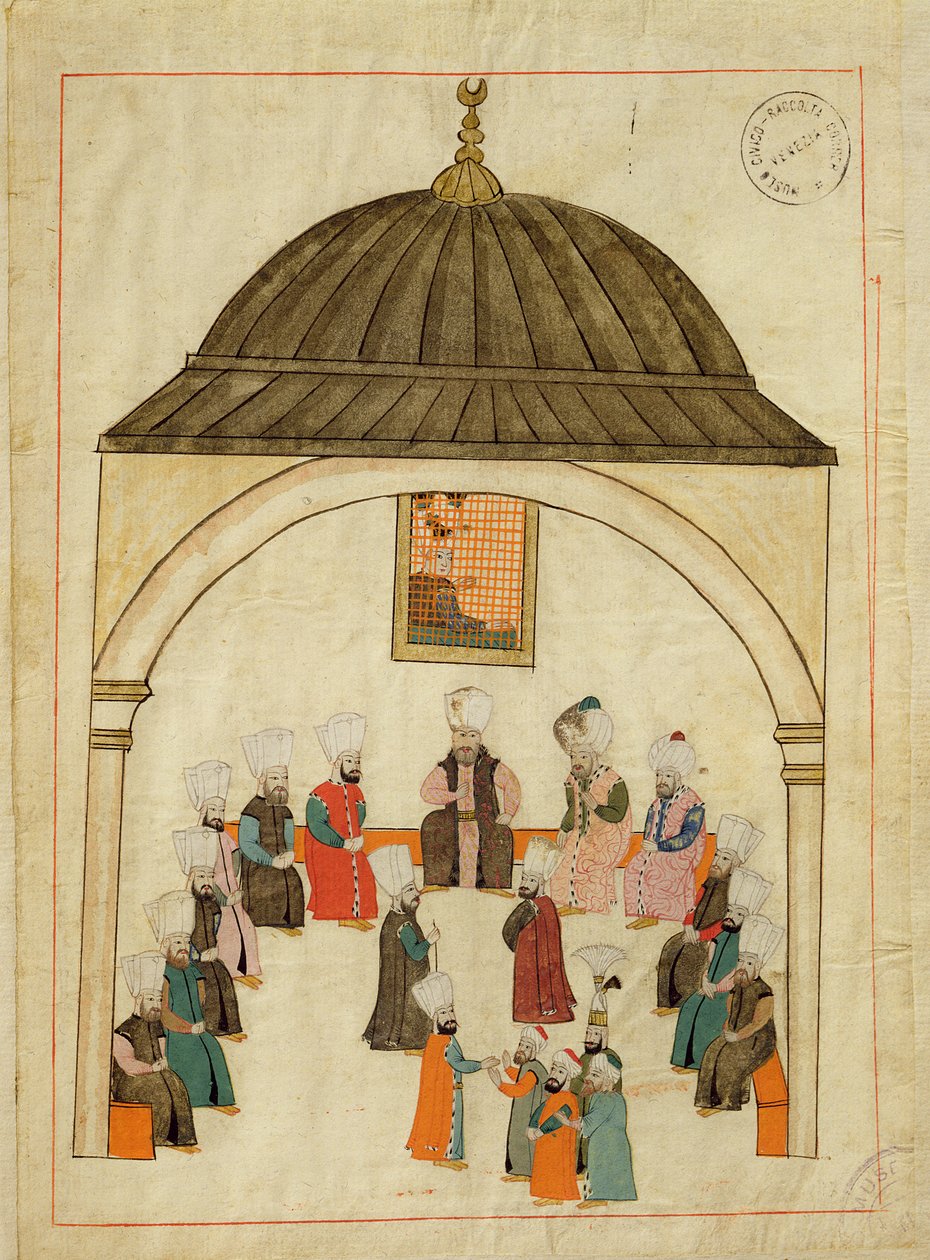 Ponia cicogna, 1971 m., miniatiūra iš „Atminties turchese“, vaizduojanti imperatoriškąją salę Topkapi rūmuose, Konstantinopolyje, apie 1580 m. autorstwa Islamic School