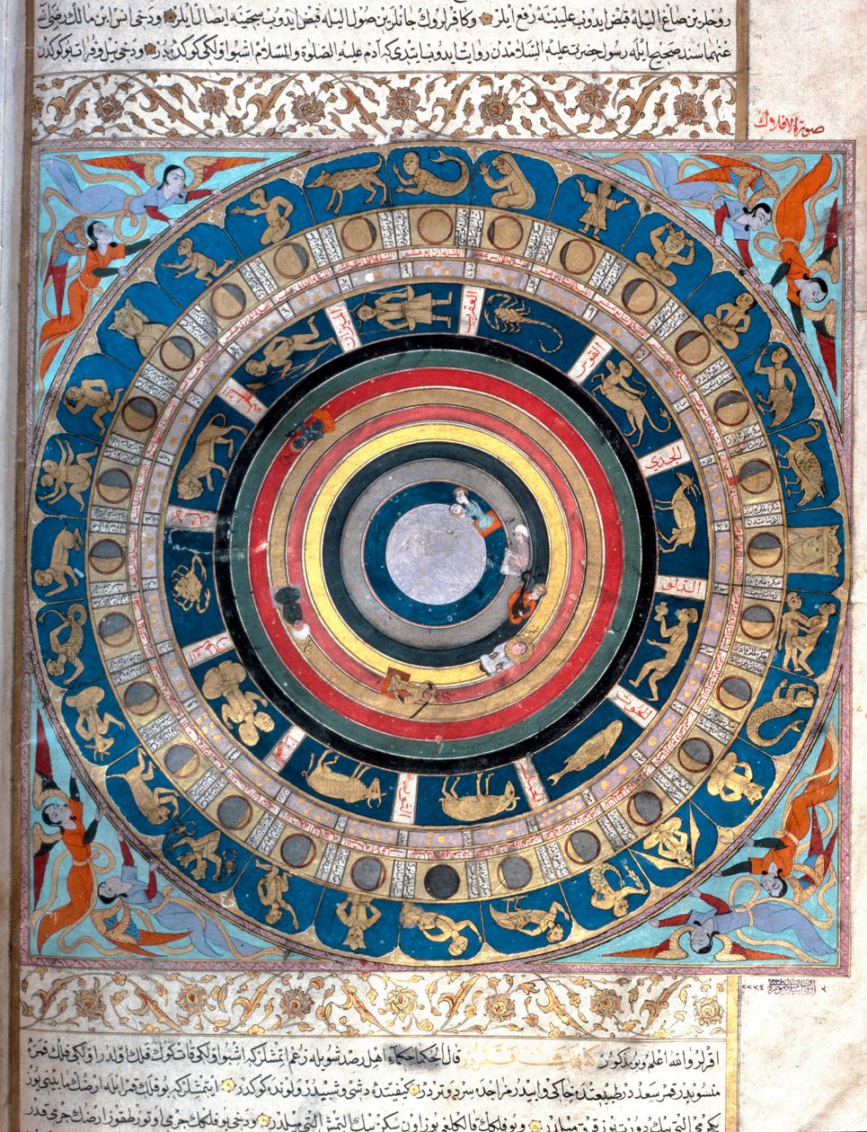 Reprezentacja globu niebieskiego ze znakami zodiaku i podziałami księżyca (nakshatra). Miniatura z rękopisu „Zubdat al Tawarikh” (Zubdat al Tawarikh) (Creme of Stories) historyka Seyyida Loqmana Ashuriego 1538. Muzeum Sztuki Tureckiej i Islamskiej Ista autorstwa Islamic School