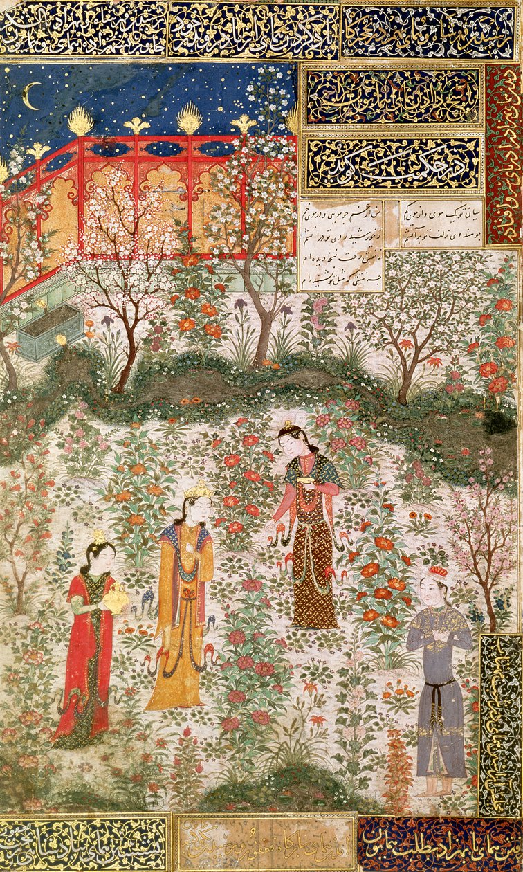 Perski książę Humay spotykający chińską księżniczkę Humayun w ogrodzie, ok. 1450 r. autorstwa Islamic School