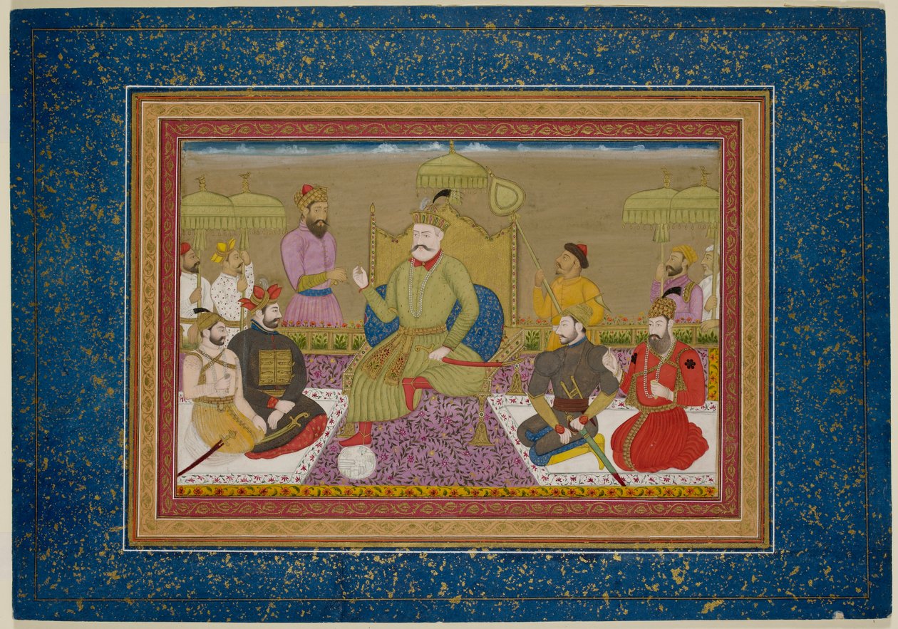 Yusuf Adil Shah intronizowany z kolejnymi czterema monarchami Bijapuru, ok. 1750 (welum) autorstwa Islamic School