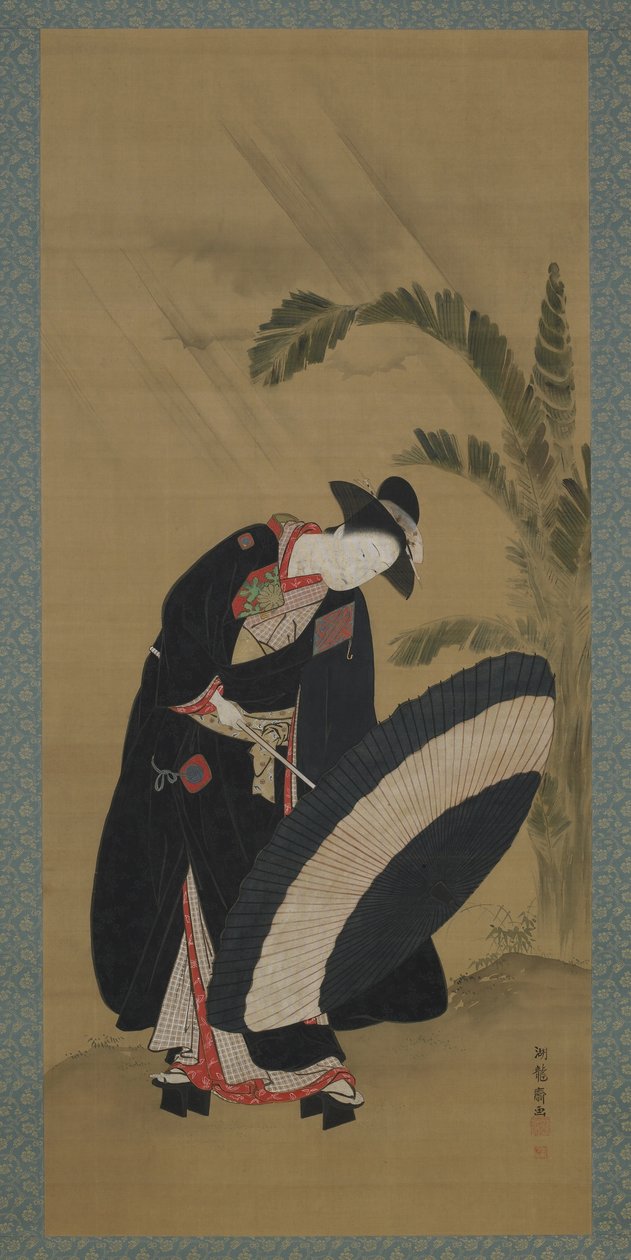 Lato: młoda kobieta rozkładająca parasol, okres Edo, ok. 1772-80 (kolor i złoto na jedwabiu) autorstwa Isoda Koryusai
