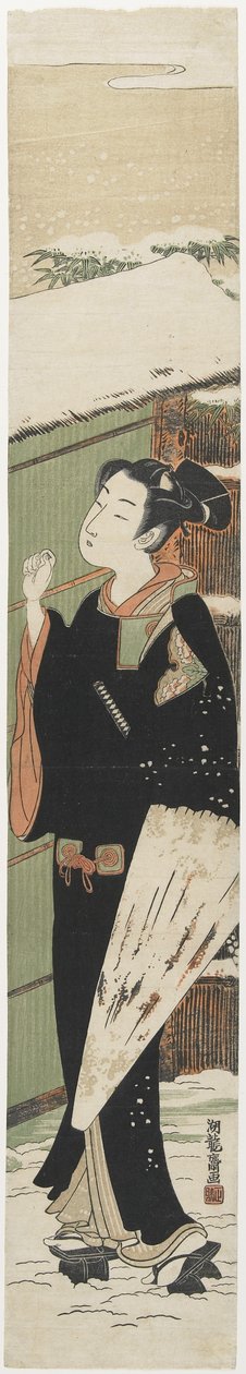 Młody mężczyzna przy bramie jako Mitate sztuki kabuki Kobieca wersja Drzewa w doniczce, 1770-1775 autorstwa Isoda Koryusai