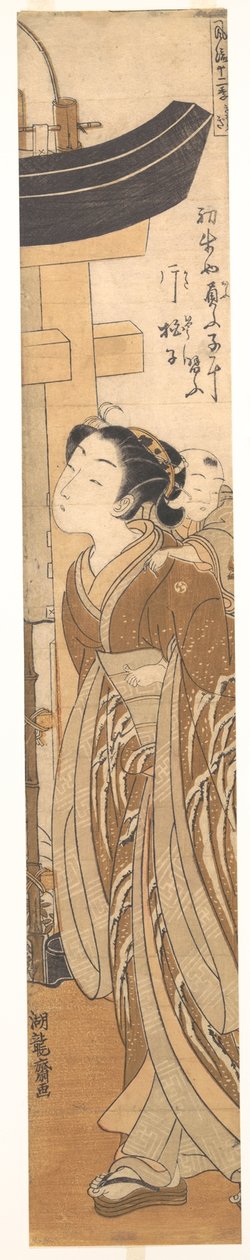 Eine Frau mit einem Kind auf dem Rücken nahe dem Eingang zu einem Tempel autorstwa Isoda Koryusai