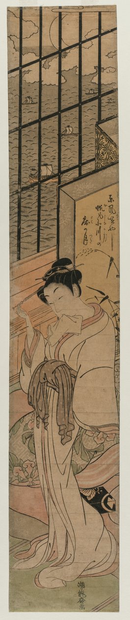 Kurtyzana w pokoju z widokiem na zatokę Edo, ok. godz. 1770. autorstwa Isoda Koryusai
