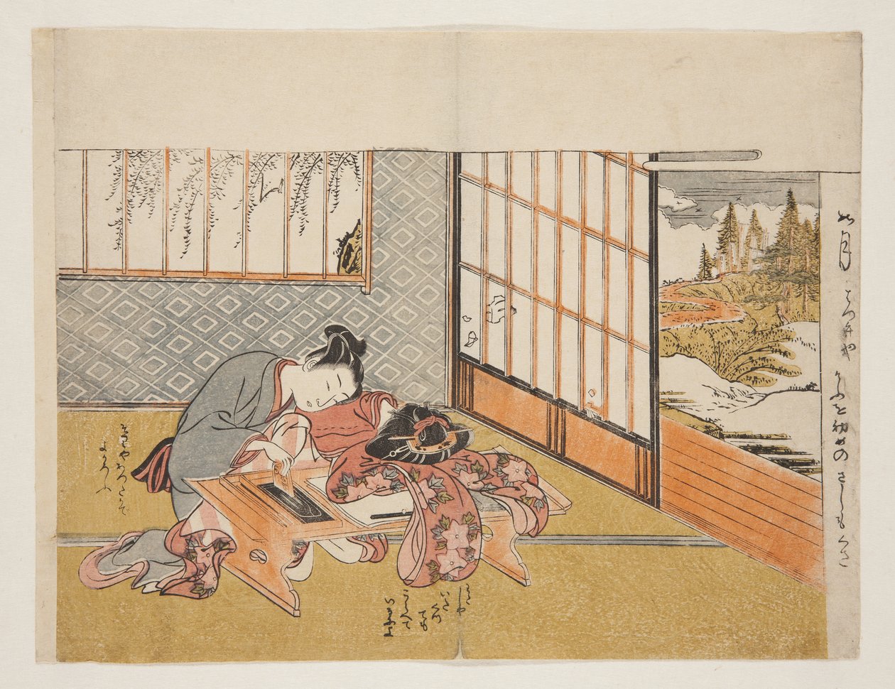 Prosperous Flowers of the Elegant Twelve Months (Furyu juniki no eiga) (kolorowy drzeworyt) autorstwa Isoda Koryusai