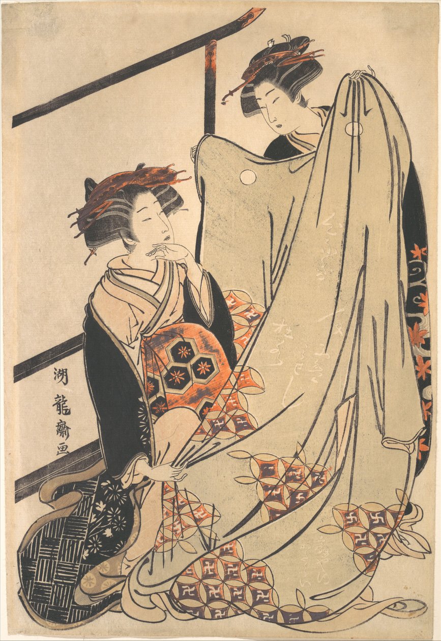 Dwie piękności patrzące na kimono autorstwa Isoda Koryusai