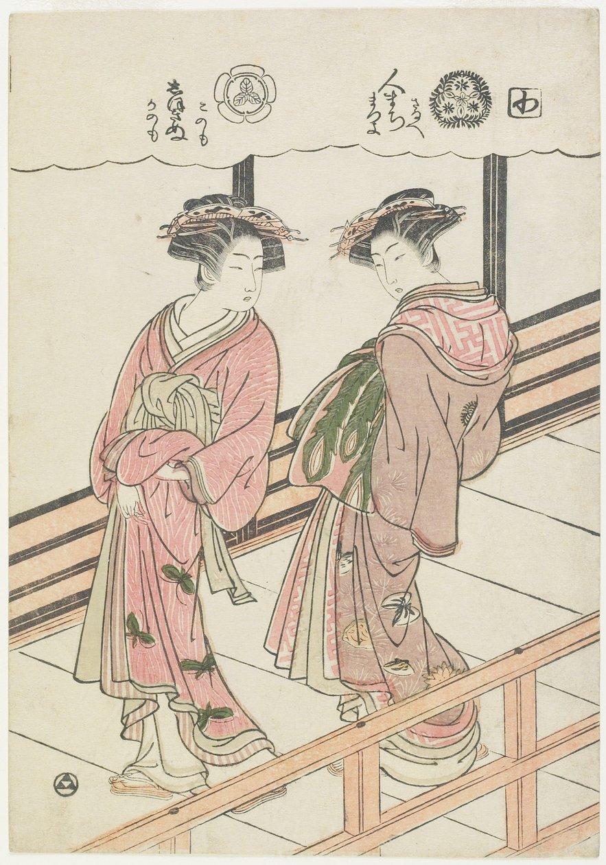 Dwie kurtyzany na werandzie, 1777 (kolorowy drzeworyt) autorstwa Isoda Koryusai