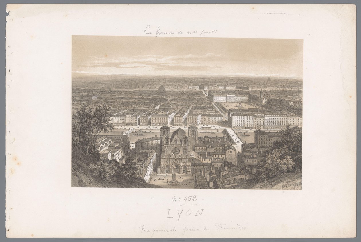 Zicht op Lyon en de kathedraal vanaf Fourvière Lyon. Ogólny widok zaczerpnięty z Fourvières Hedendaags Frankrijk (tytuł serii) Francja dzisiaj (tytuł serii) autorstwa Isodore Laurent Deroy