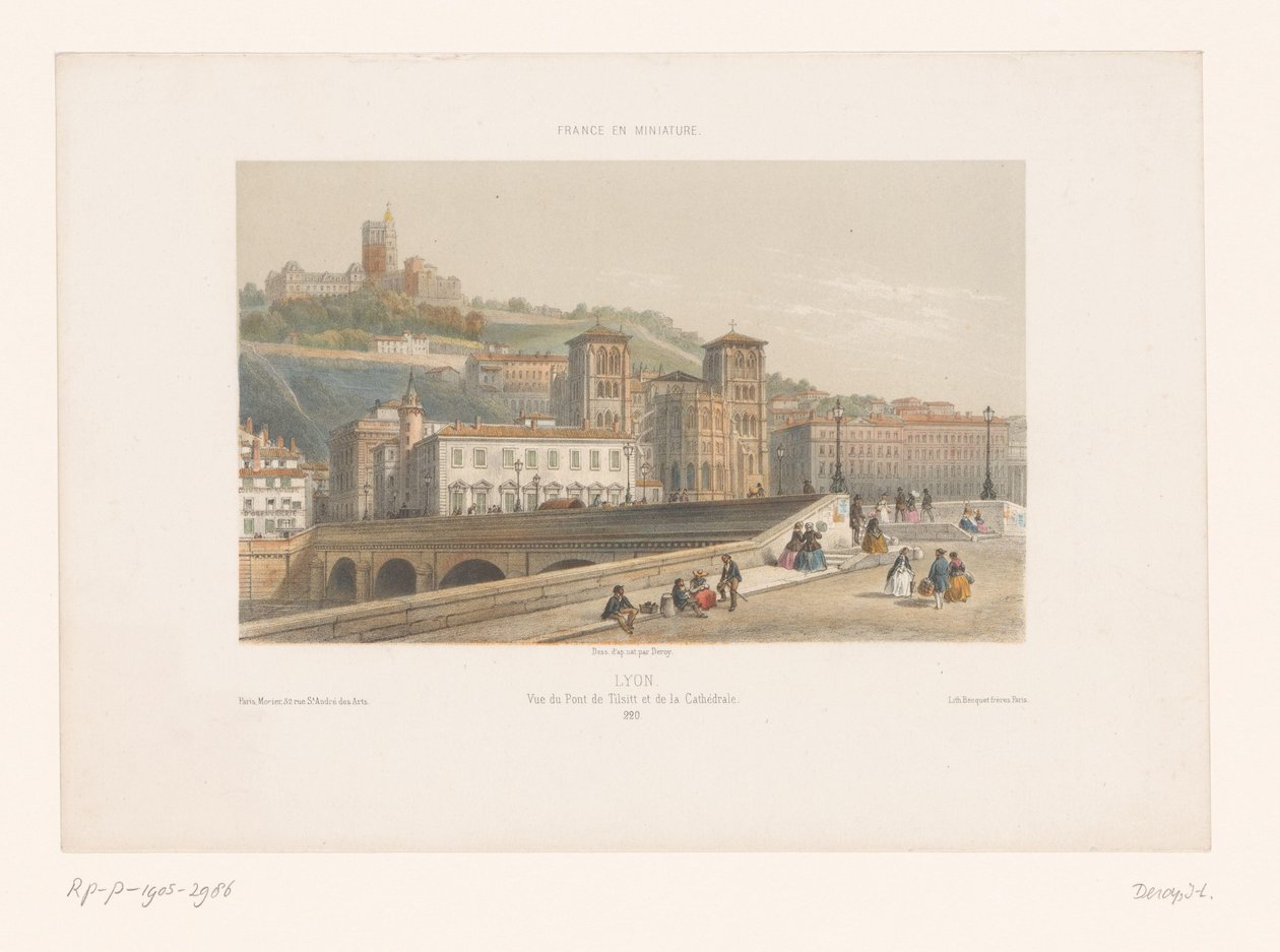 Widok na Pont Tilsitt i katedrę Saint-Jean w Lyonie Lyon. Vue du Pont de Tilsitt et de la Cathédrale (tytuł przedmiotu) Małe twarze we Francji (tytuł serii) France en miniature (tytuł serii na obiekcie) autorstwa Isodore Laurent Deroy