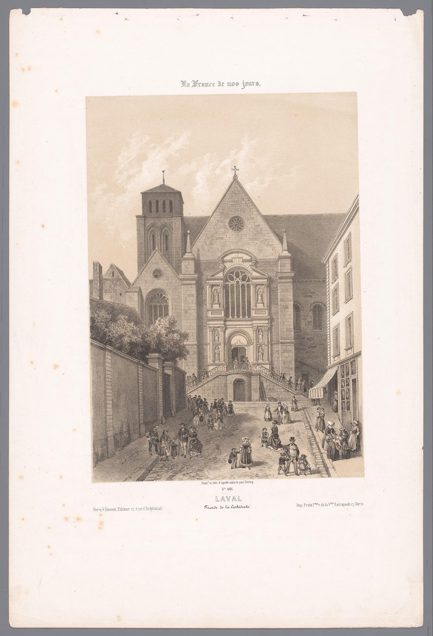 Widok katedry Sainte-Trinité w Laval lawa. Fasada de la Cathédrale (tytuł obiektu) Współczesna Francja (tytuł serii) La France de nos jours (tytuł serii na obiekcie) autorstwa Isodore Laurent Deroy