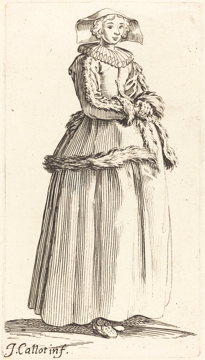 Młoda kobieta z założonymi rękami, zwrócona w prawo autorstwa Israel Henriet after Jacques Callot