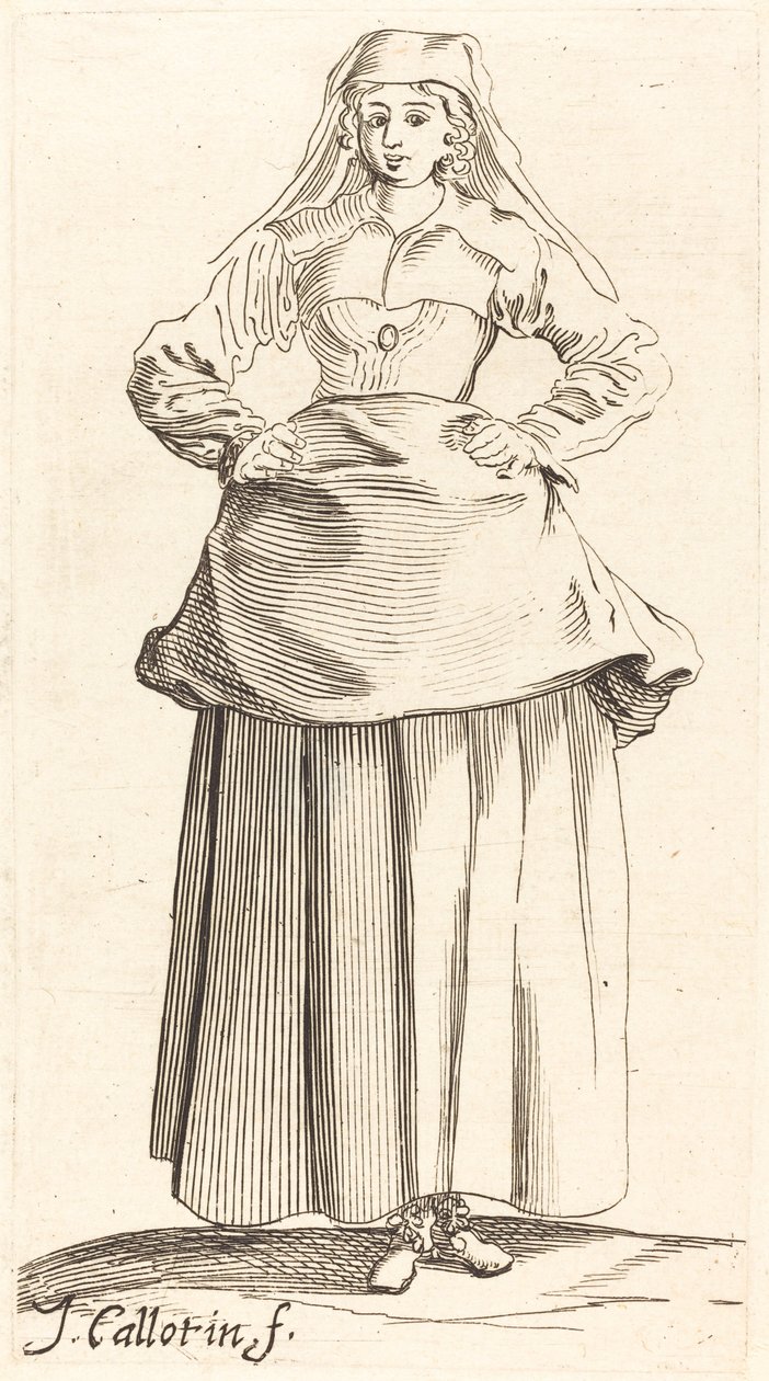 Młoda kobieta z rękami na biodrach, widok z przodu autorstwa Israel Henriet after Jacques Callot