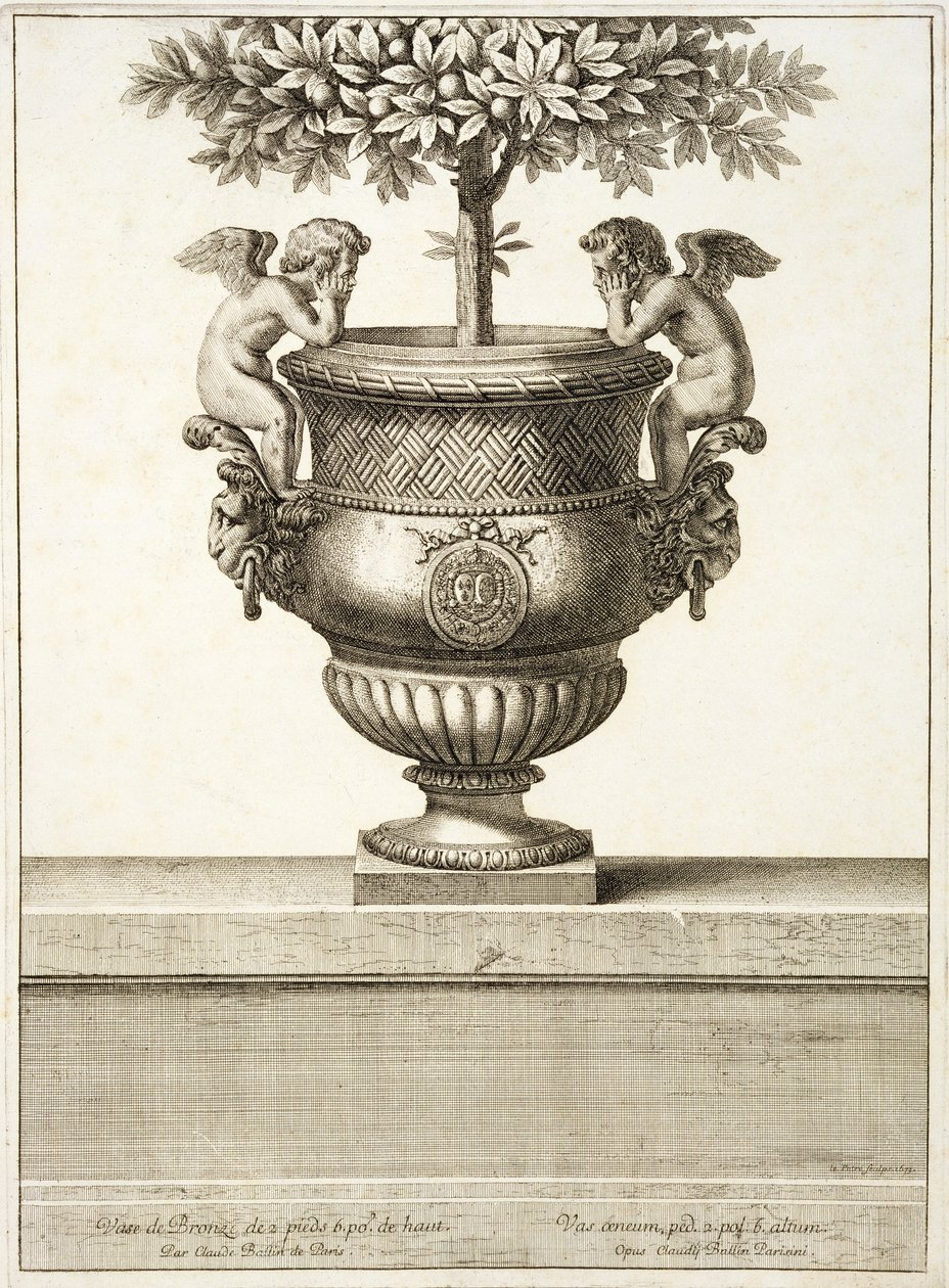 Urny z brązu używane do drzewek cytrusowych, ilustracja z „Widoków i planów wersalskich”, Paryż, ok. 1664-89 (rycina) autorstwa Israel the Younger (after) Silvestre
