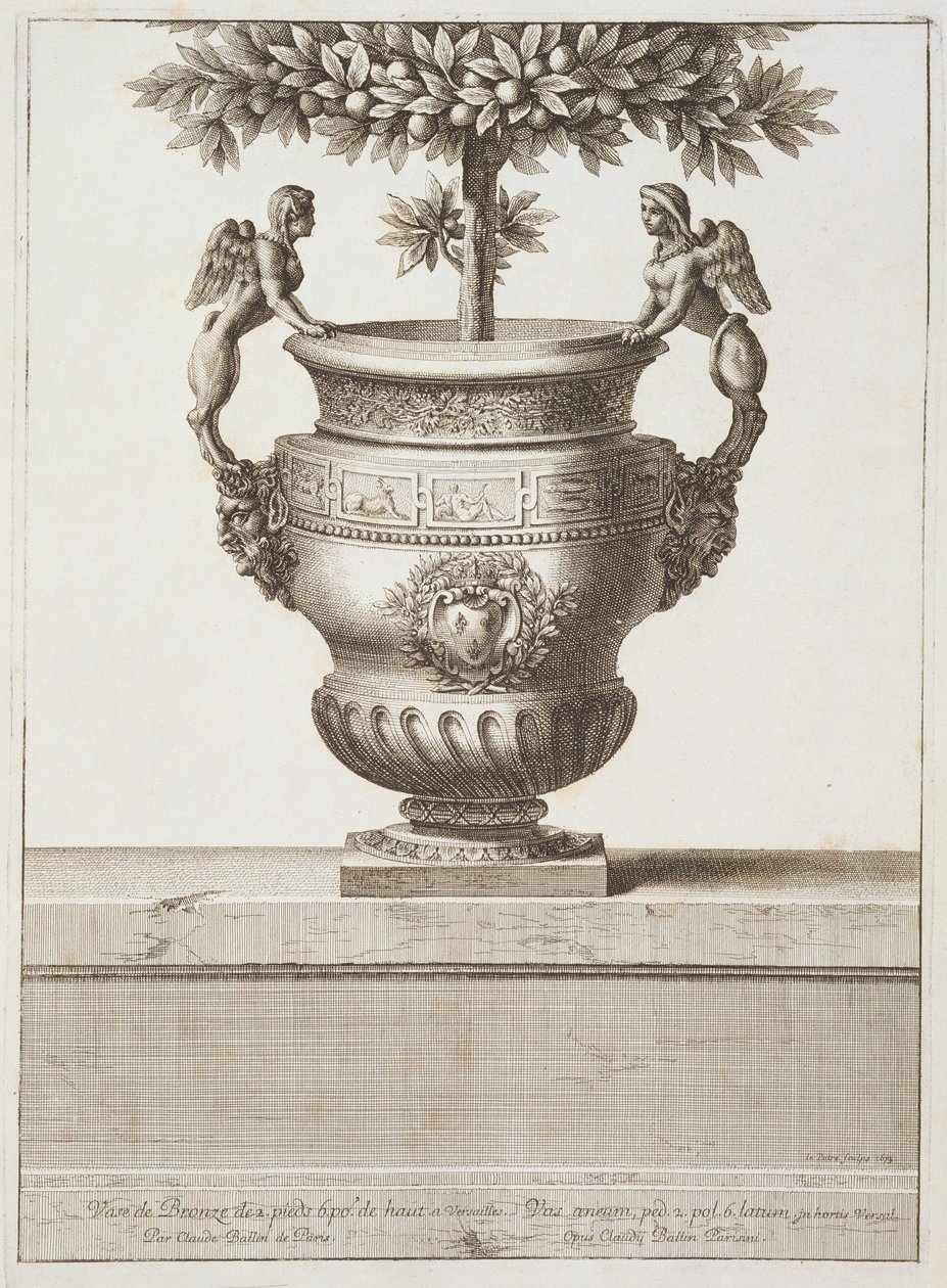 Urny z brązu używane do drzewek cytrusowych, ilustracja z „Widoków i planów wersalskich”, Paryż, ok. 1664-89 (rycina) autorstwa Israel the Younger (after) Silvestre