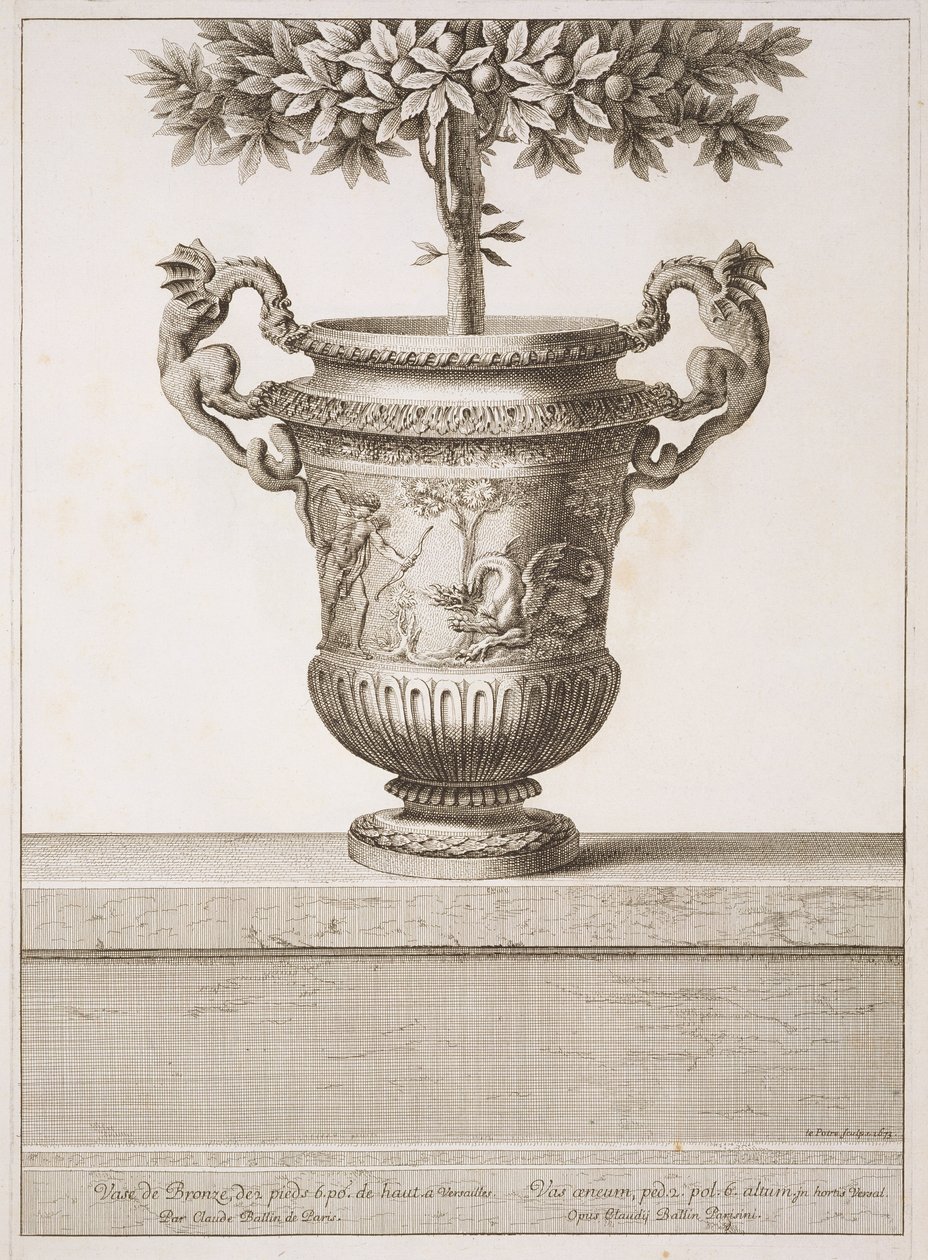Urny z brązu używane do drzewek cytrusowych, ilustracja z „Widoków i planów wersalskich”, Paryż, ok. 1664-89 (rycina) autorstwa Israel the Younger (after) Silvestre
