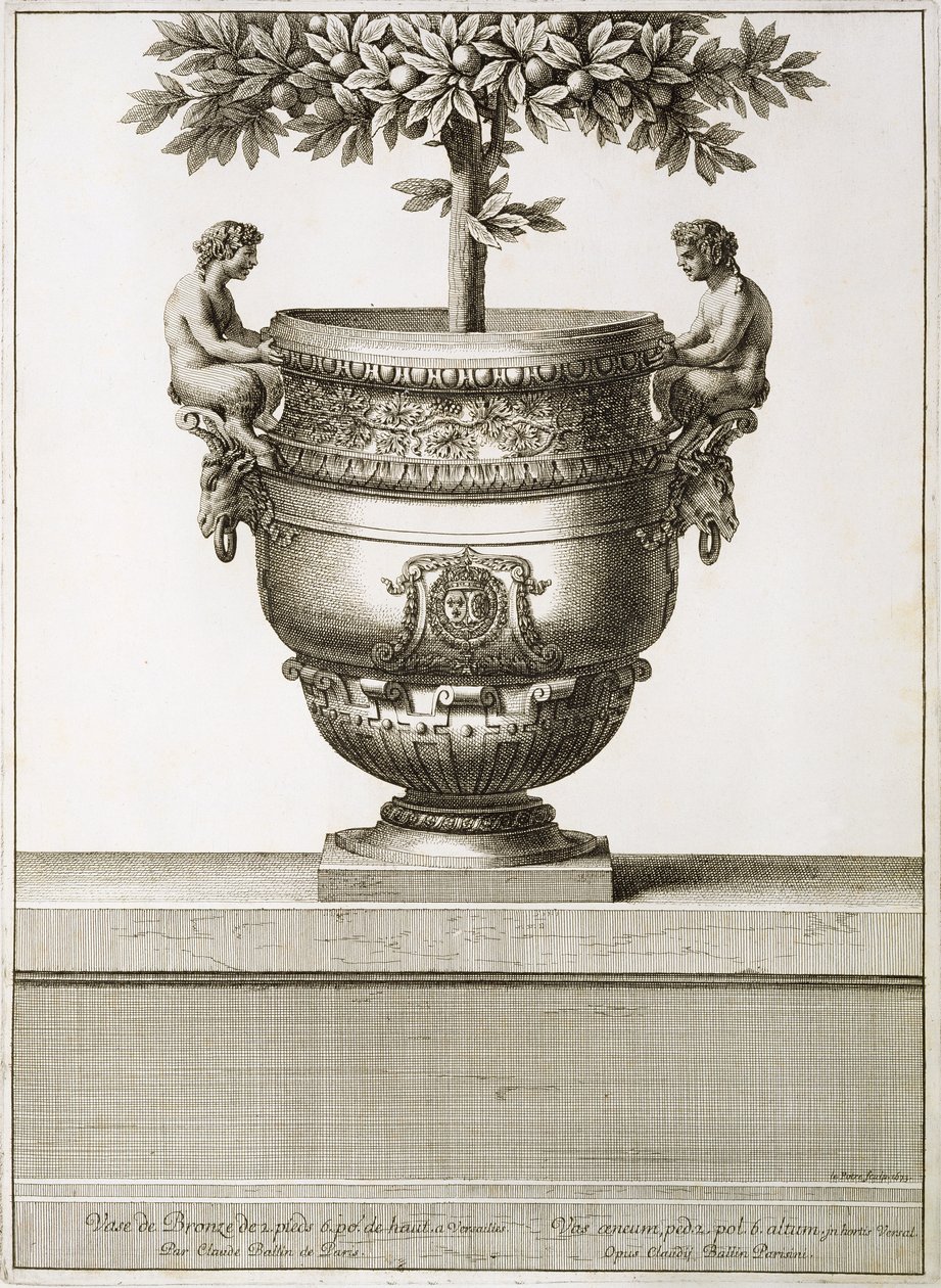 Urny z brązu używane do drzewek cytrusowych, ilustracja z „Widoków i planów wersalskich”, Paryż, ok. 1664-89 (rycina) autorstwa Israel the Younger (after) Silvestre