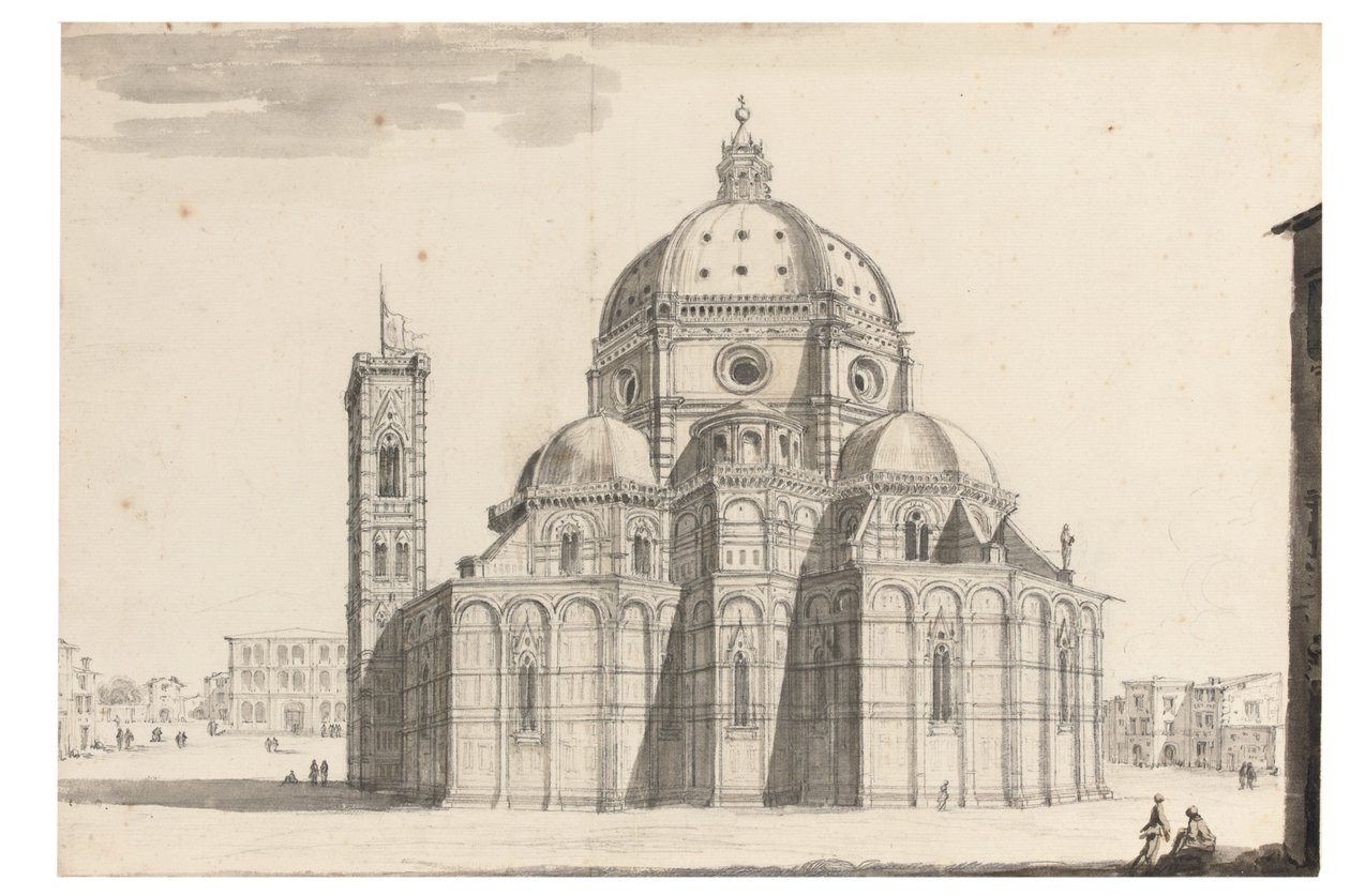 Duomo i Campanile, Florencja (czarna kreda, długopis i szary tusz, brązowe i szare pranie na papierze ze znakiem wodnym) autorstwa Israel the Younger Silvestre