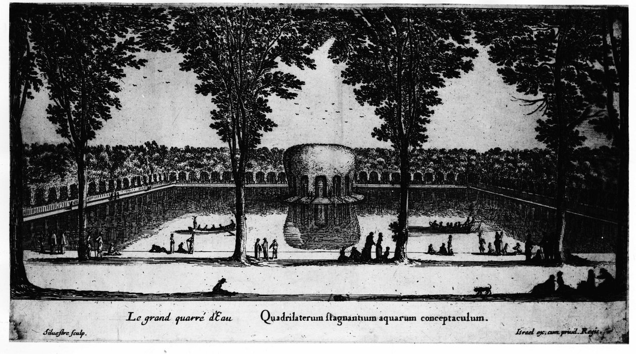 Duży plac z wodą Château de la Rochefoucauld w Liancourt; przez Izrael. autorstwa Israel the Younger Silvestre