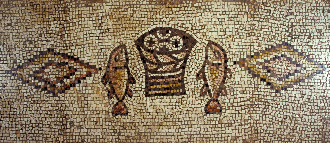 Mozaika bizantyjska przedstawiająca ryby i bochenki chleba (płytki ceramiczne) autorstwa Israeli School