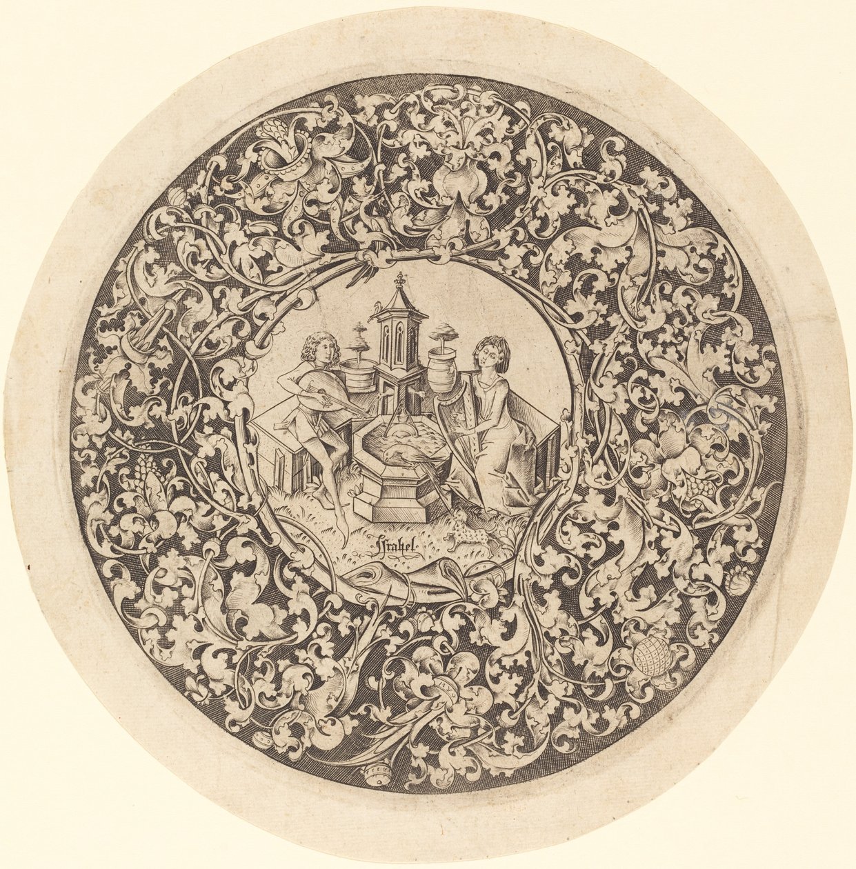 Okrągły ornament z muzykami grającymi przy studni, ok. 1900 r. 14951503. autorstwa Israhel van Meckenem