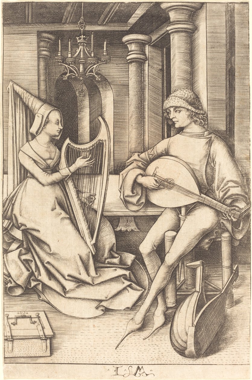 Grający na lutni i harfiarz, c. 14951503. autorstwa Israhel van Meckenem