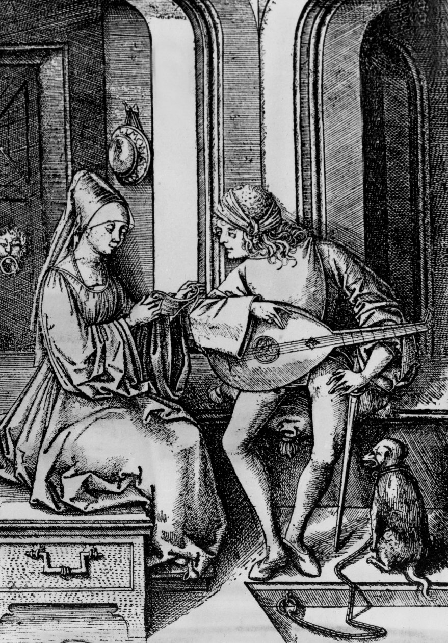 Kobieta śpiewa, podczas gdy mężczyzna gra na lutni (rycina) autorstwa Israhel van the younger Meckenem