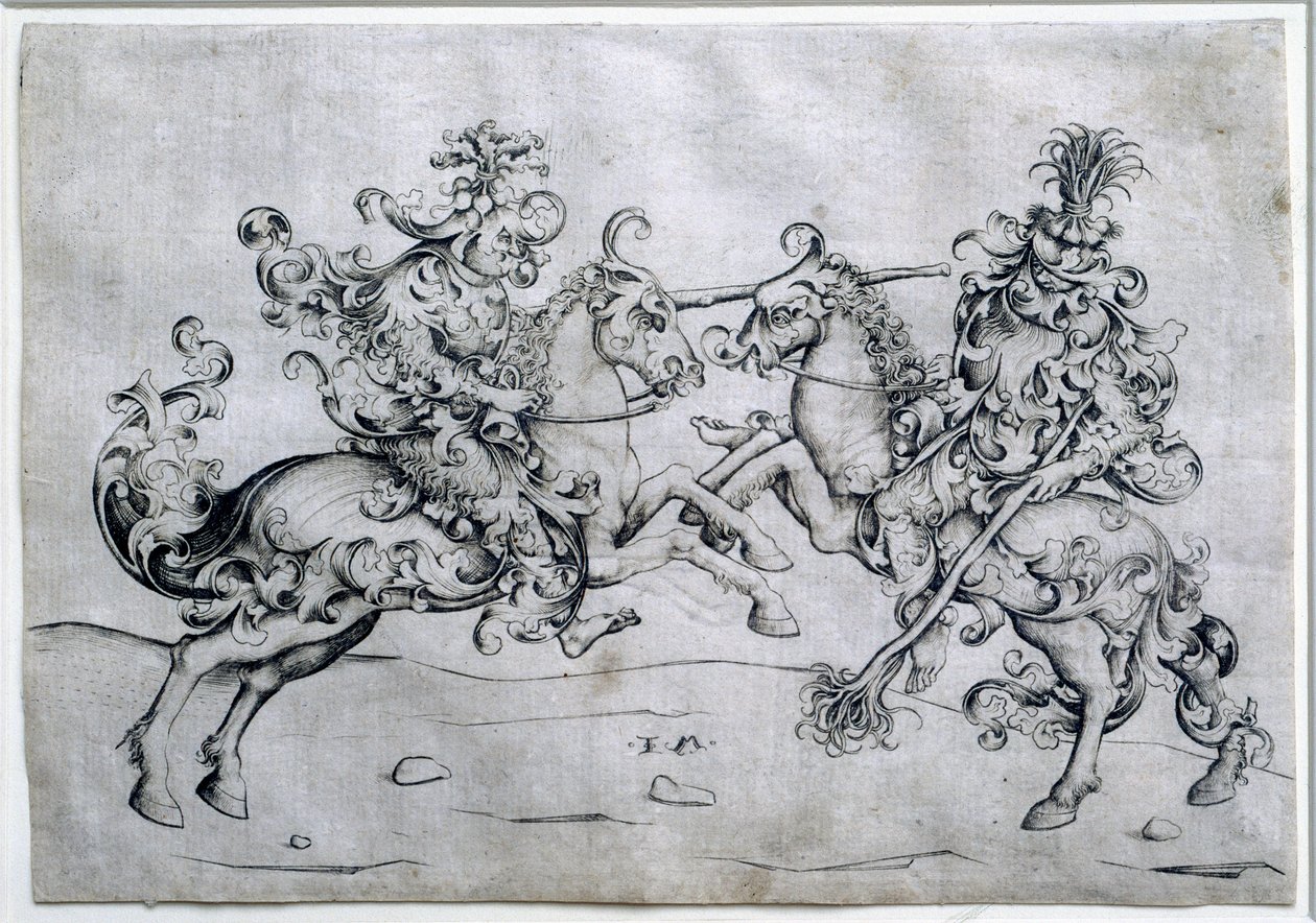 Dwóch jeźdźców grających. Gra dwóch mężczyzn na koniu. Rysunek Israela Van Meckenema (ok. 1440-1503). Muzeum w Luwrze autorstwa Israhel van the younger Meckenem