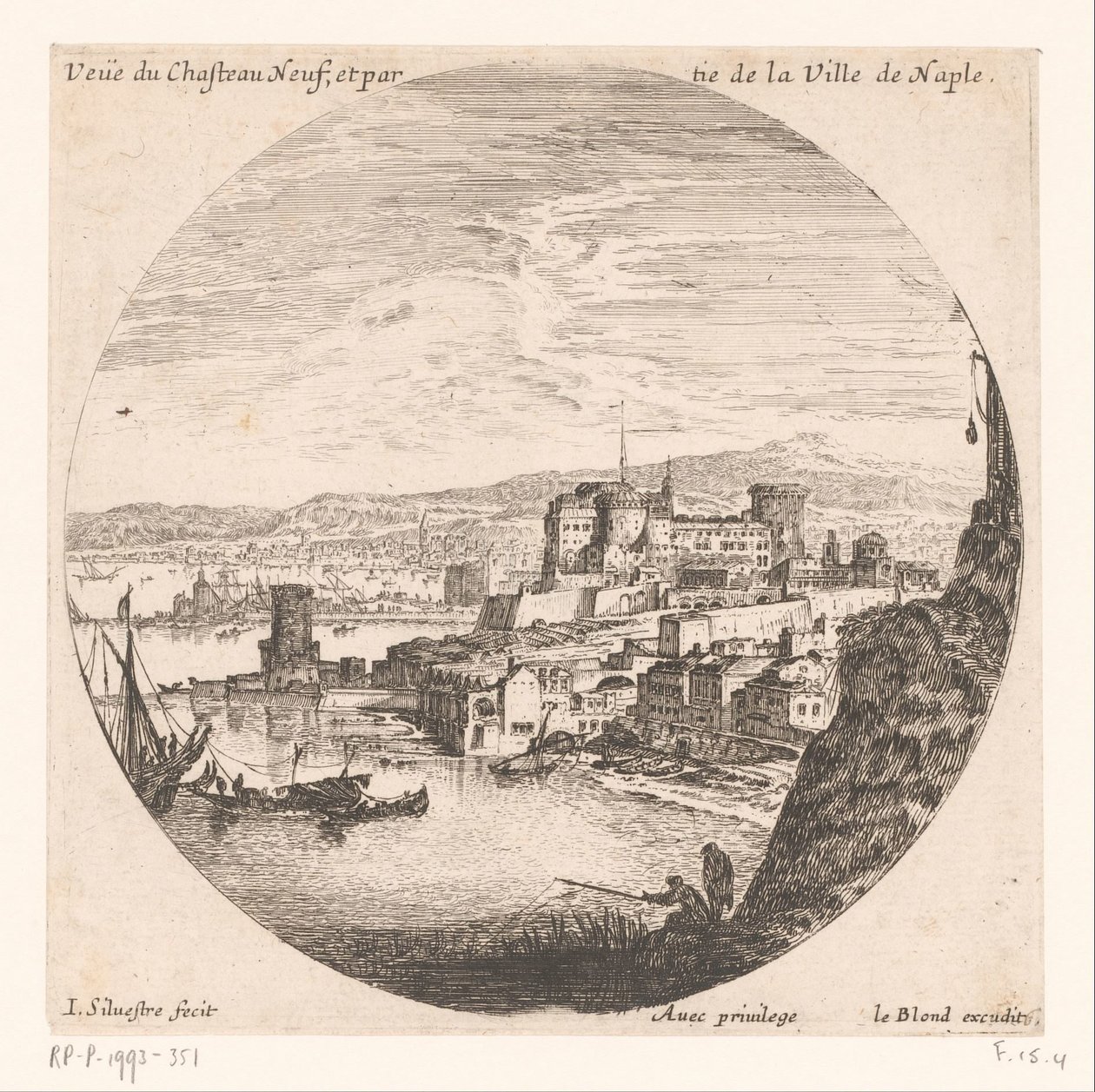 Widok na Castel Nuovo Veue du Chasteau neuf et partie de la Ville de Naples (tytuł obiektu) Różne widoki portów morskich (tytuł serii) Różne veues de Ports de mer (tytuł serii) autorstwa Israël Silvestre