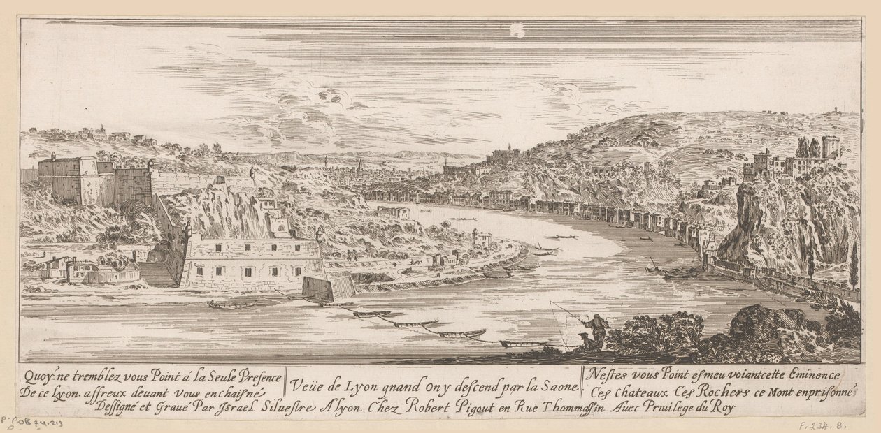 Widok na Lyon w zakolu Saony Veue de Lyon quand on y decade par la Saone (tytuł na obiekcie) autorstwa Israël Silvestre