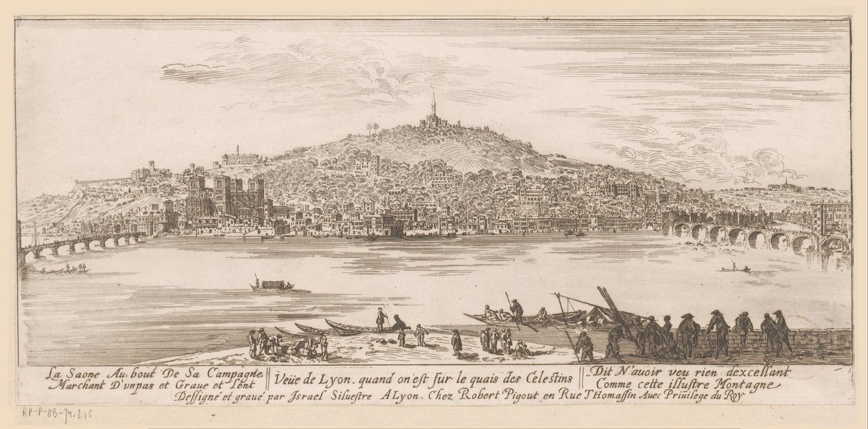 Widok na Lyon z banku przy klasztorze celestynów Veue de Lyon quand on est sur les quais des Celestins (tytuł na obiekcie) autorstwa Israël Silvestre