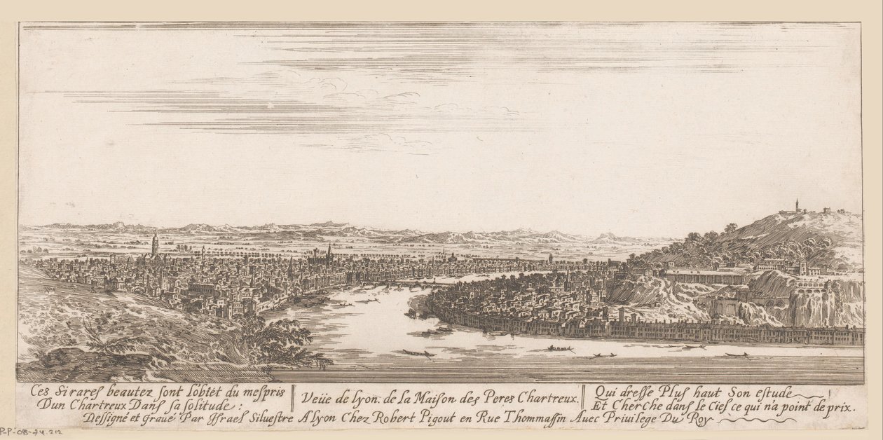 Widok na Lyon z klasztoru kartuzów Veue de Lyon de la Maison des Peres Chartreux (tytuł na obiekcie) autorstwa Israël Silvestre