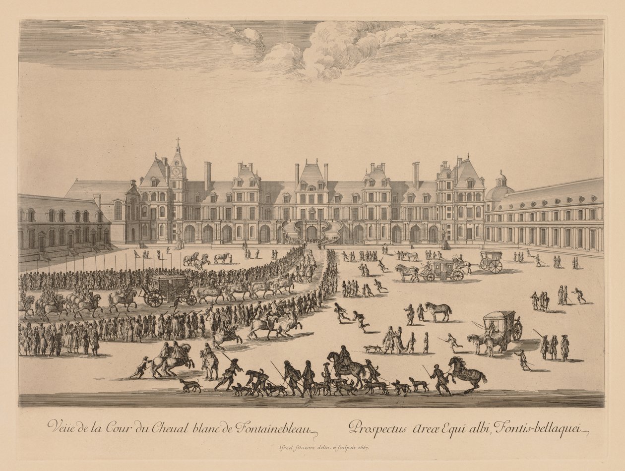 Widok na Cour du Cheval-Blanc w Fontainebleau autorstwa Israël Silvestre
