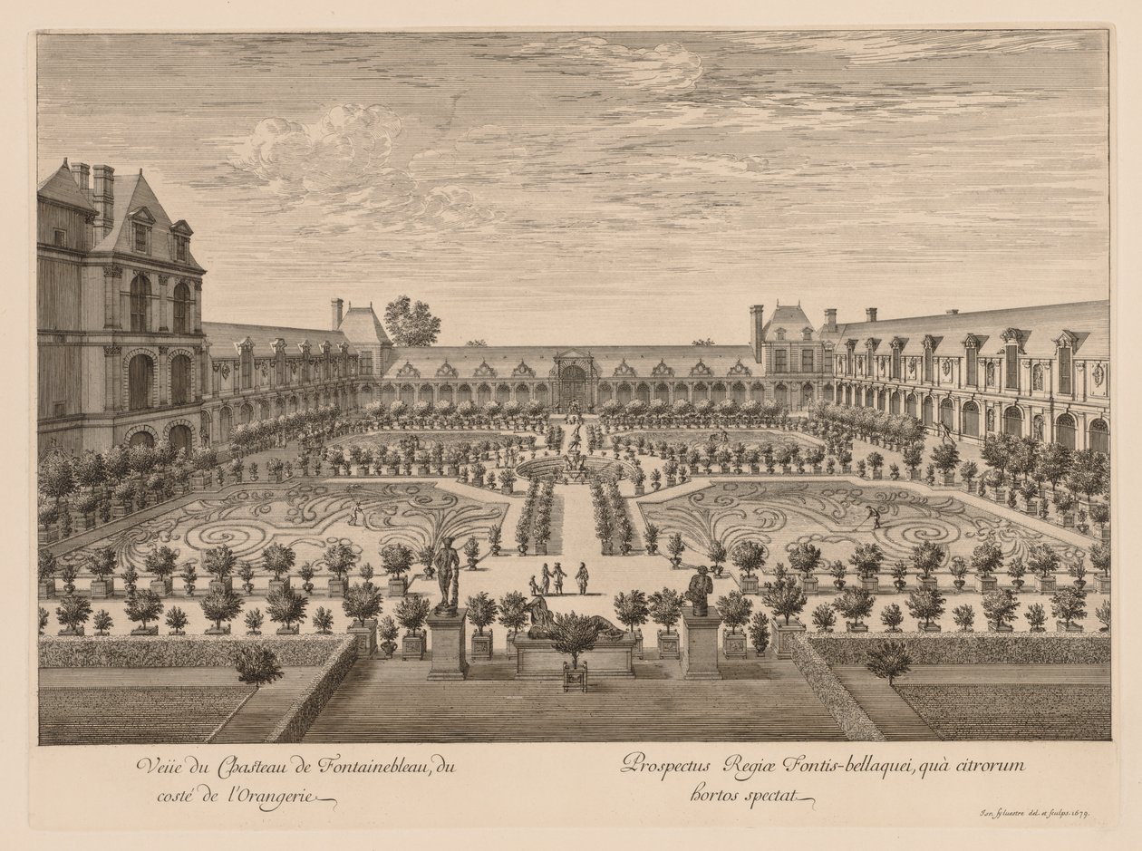 Widok na Château de Fontainebleau od strony Orangerie, 1679. autorstwa Israël Silvestre