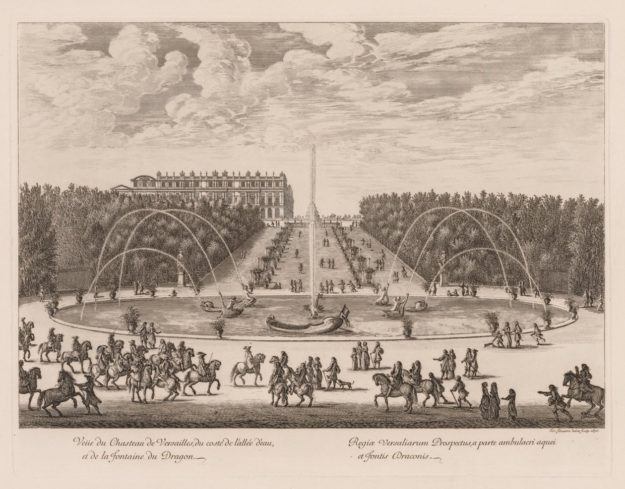 Widok na Château de Versailles, od strony alei i fontannę Smoka autorstwa Israël Silvestre