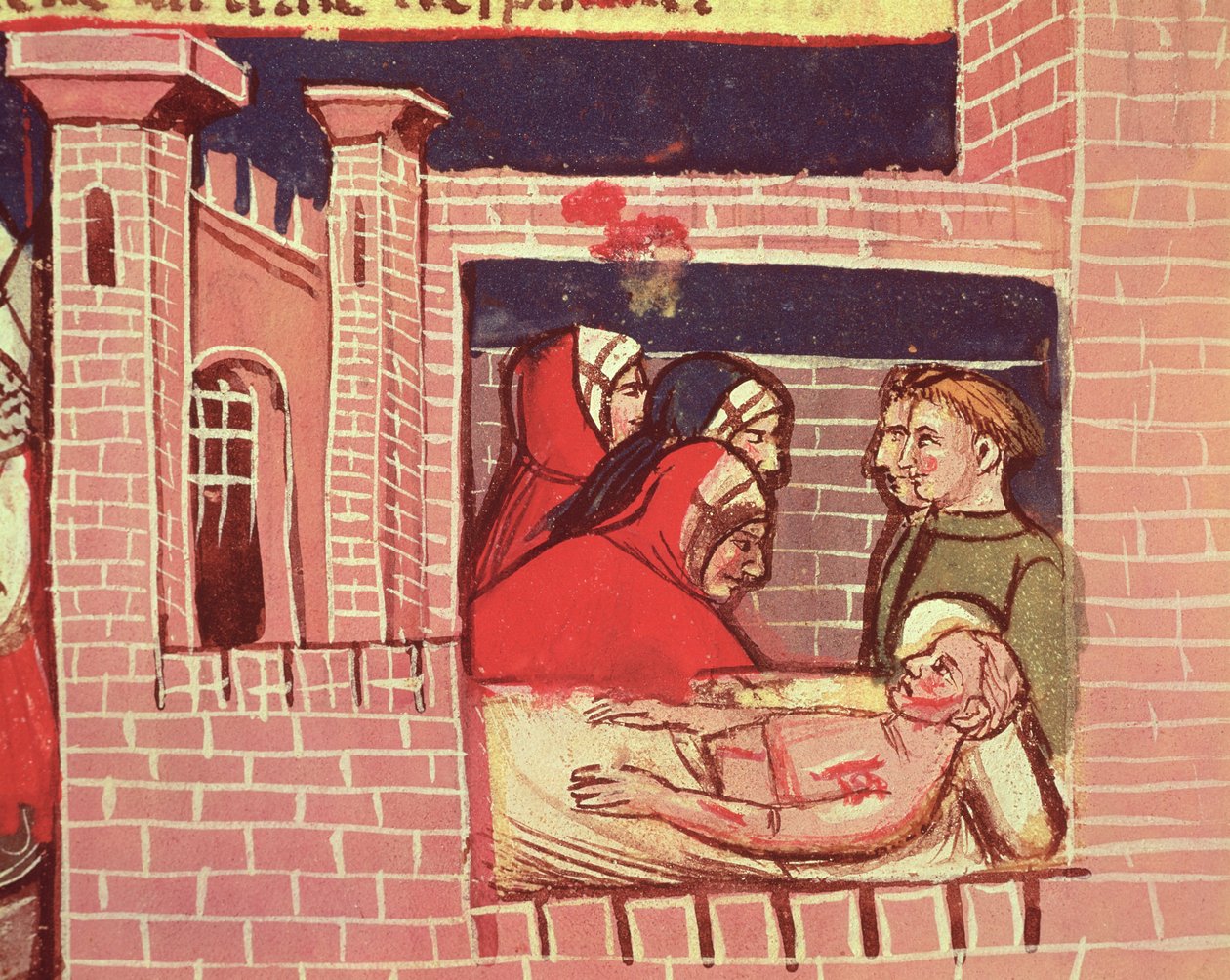 Opieka nad rannym mężczyzną w zamku, z weneckiego kodeksu autorstwa Italian School