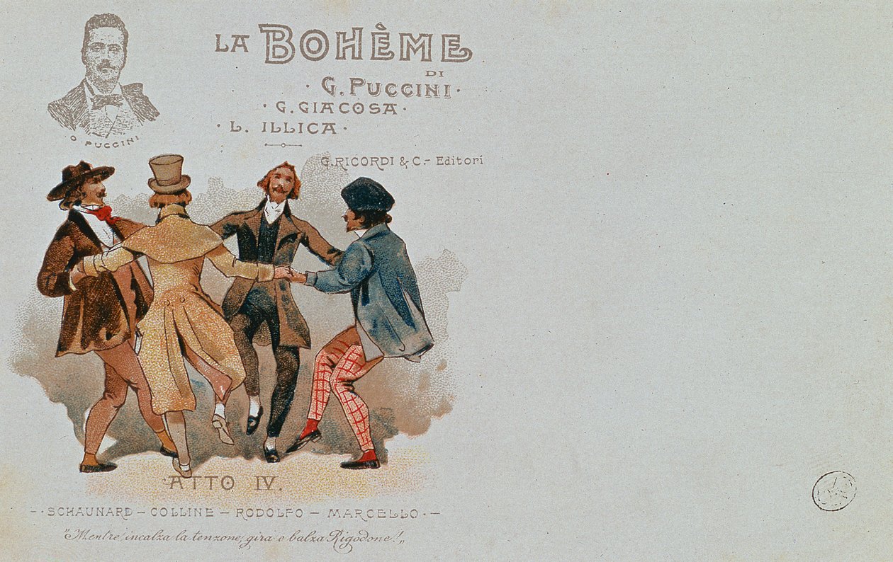Pocztówka pamiątkowa z opery „Cyganeria” Giacomo Pucciniego (1858-1924) autorstwa Italian School