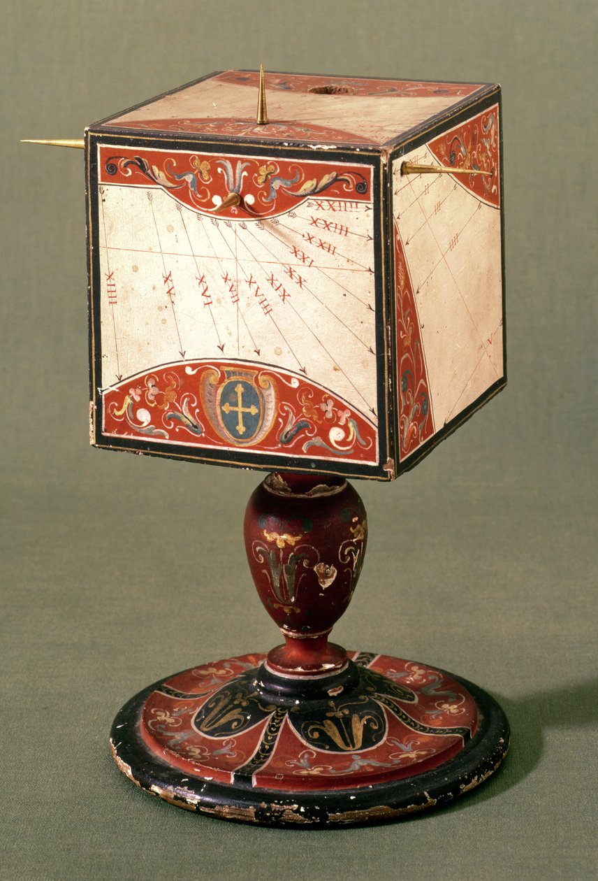 Zegar sześcienny pokazujący czas w starożytnym włoskim, babilońskim i żydowskim systemie godzin, florencki, ok. 1560 (tempera na drewnie) (patrz także 260952) autorstwa Italian School
