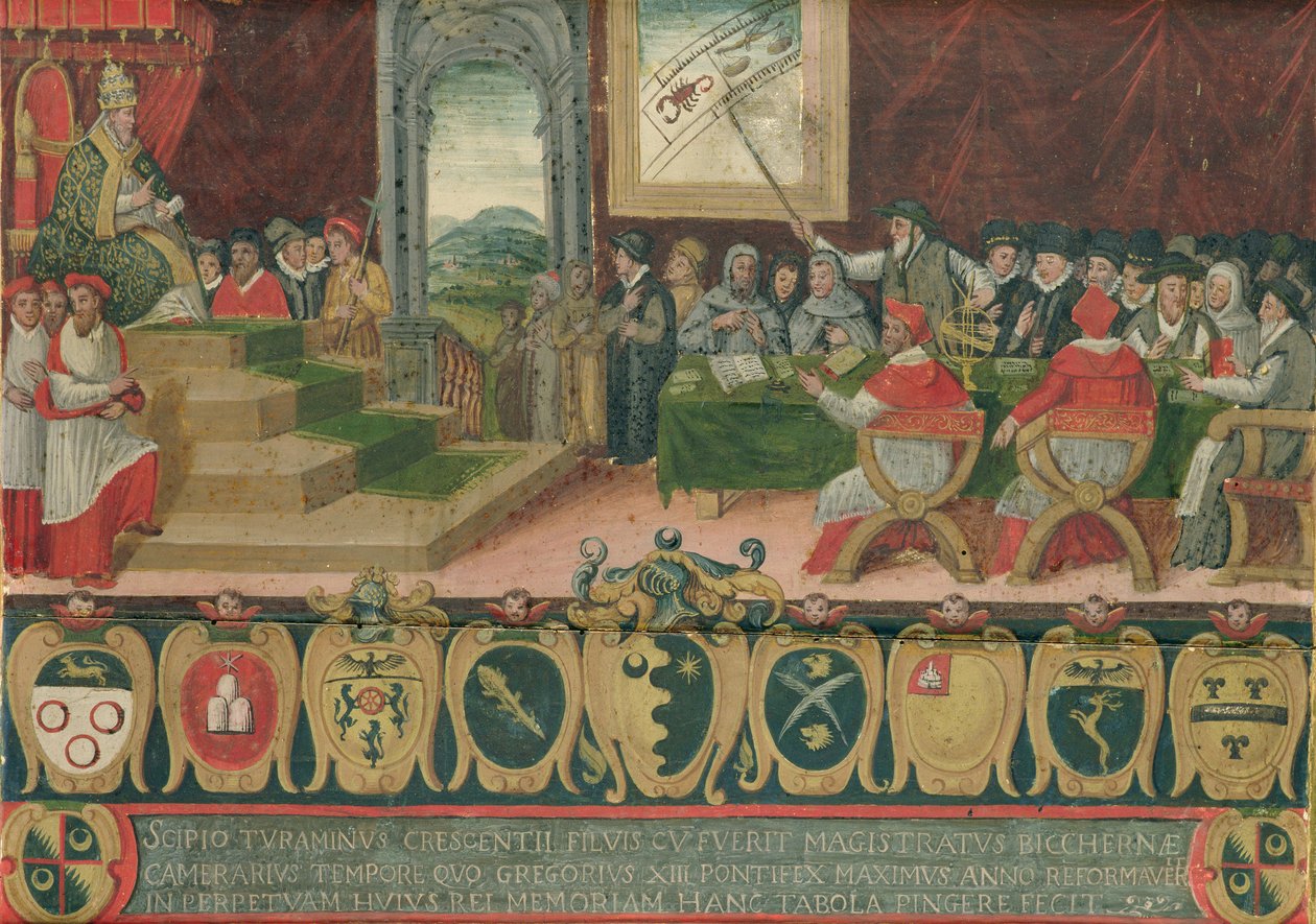 Omówienie reformy kalendarza za papieża Grzegorza XIII (1502-85) zastąpionej kalendarzem gregoriańskim, Rzym, 15 października 1582 (patrz także 102626) autorstwa Italian School