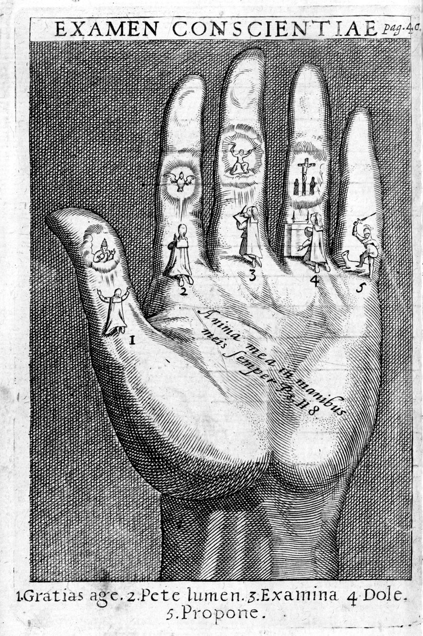 Badanie świadomości, ilustracja z „Ćwiczeń duchowych” autorstwa Ignacy de Loyola, wydrukowany w 1689 r. autorstwa Italian School
