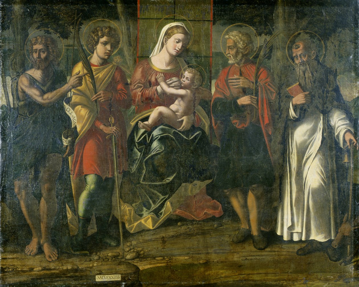 Madonna z Dzieciątkiem z Janem Chrzcicielem, Antonim i innymi świętymi, 1534 (tempera na płótnie) autorstwa Italian School