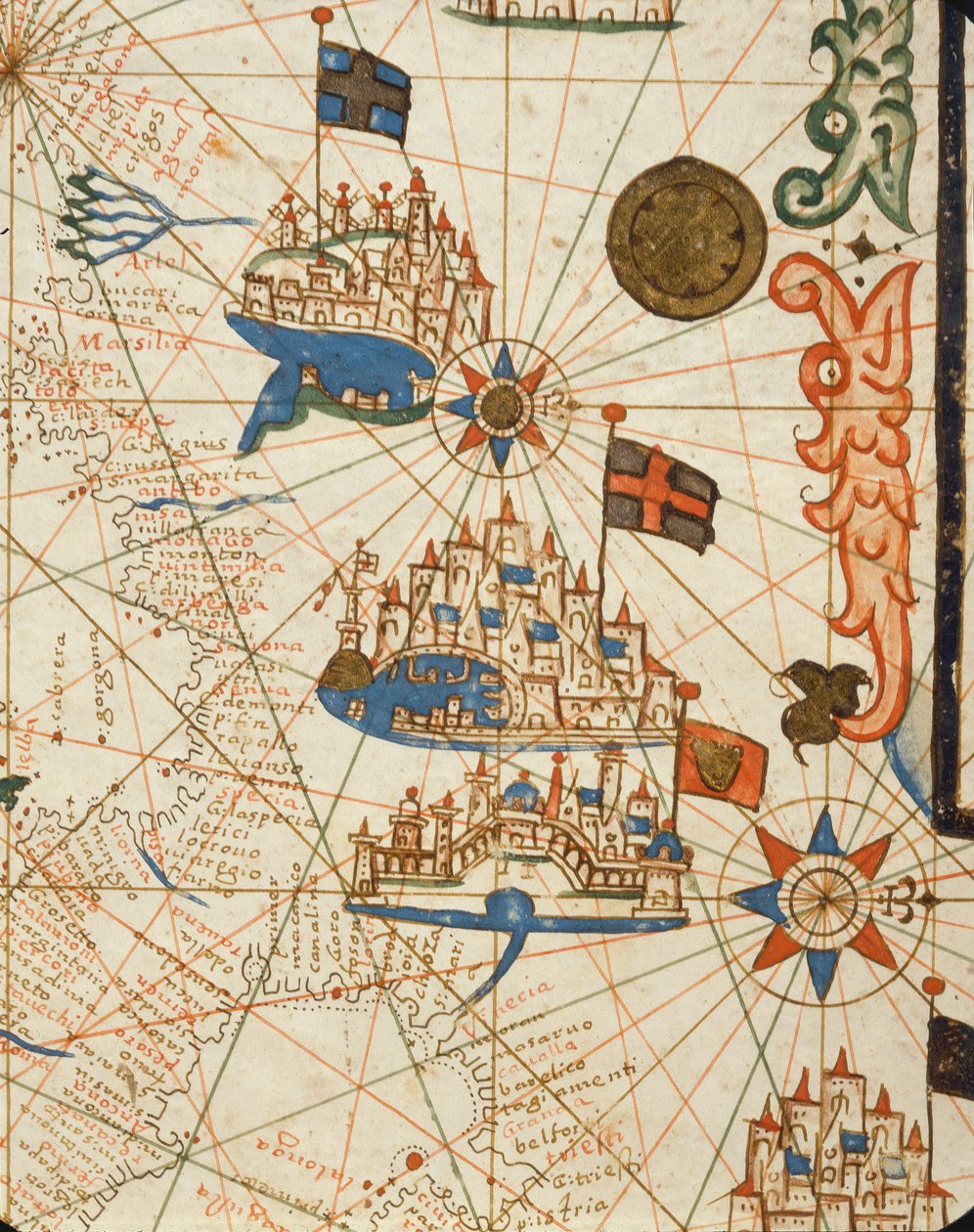 Marsylia, Genua i Wenecja, z atlasu morskiego, 1646 (tusz na welinie) (detal z 330937) autorstwa Italian School