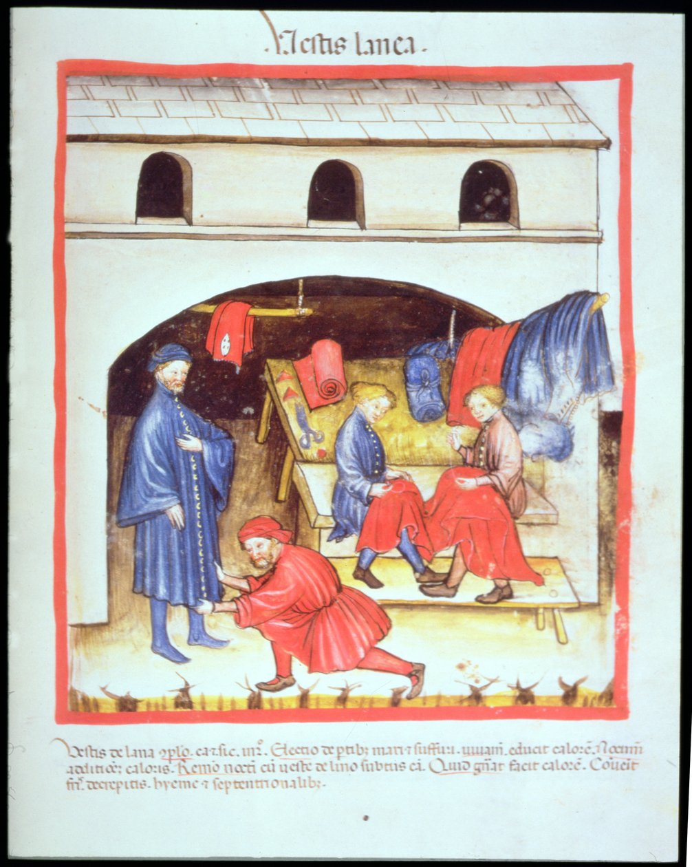 Nova 2644 fol.105r Krawcy: Ubrania z wełny, od Tacuinum Sanitatis autorstwa Italian School