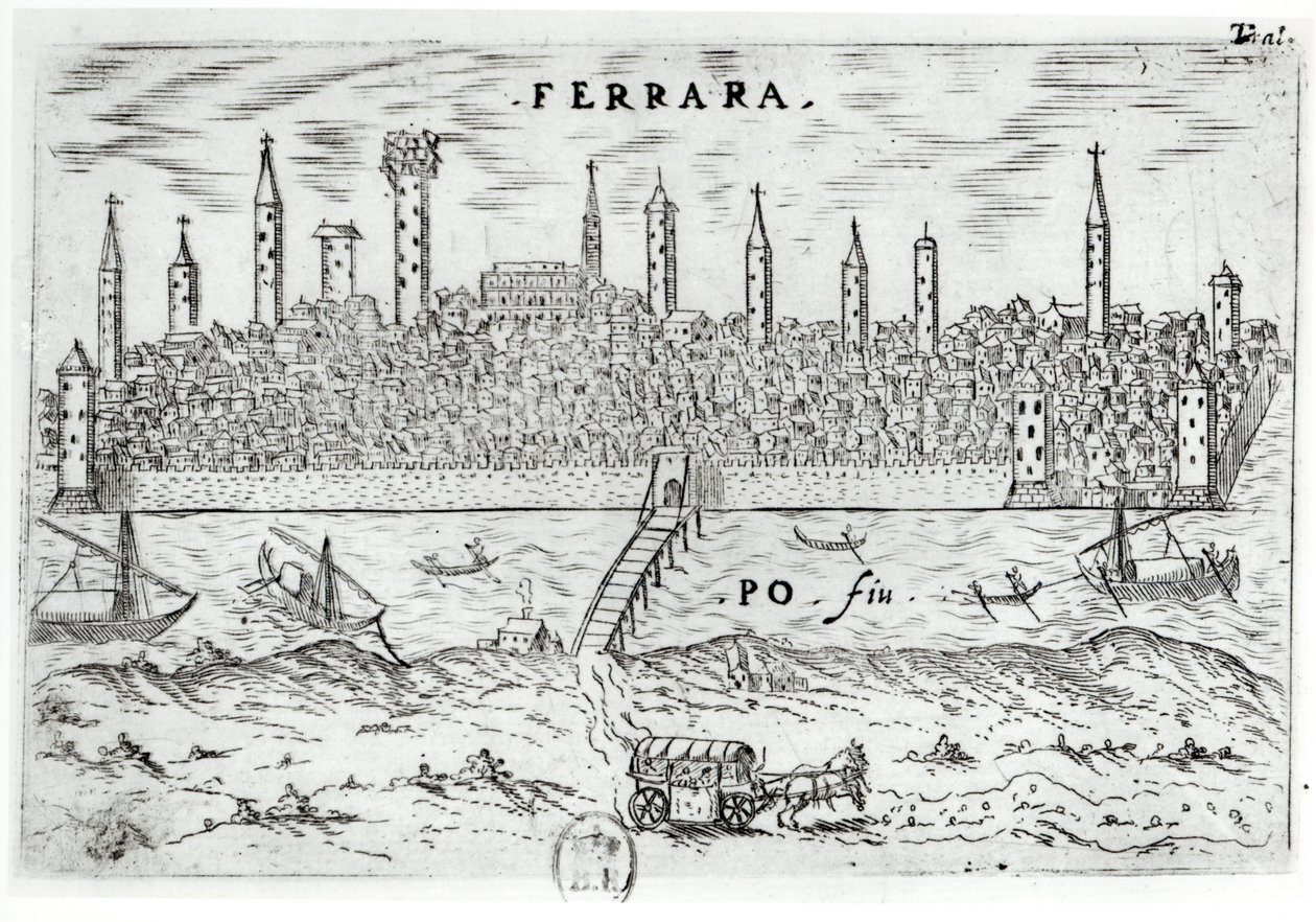 Panoramiczny widok na Ferrarę z przeciwległego brzegu rzeki Pad autorstwa Italian School