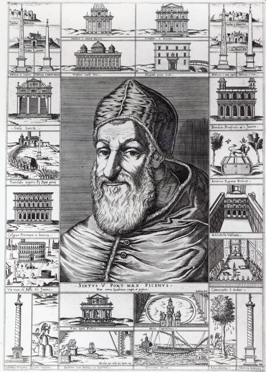 Papież Sykstus V, otoczony kościołami, budowlami i pomnikami zbudowanymi lub odrestaurowanymi za jego pontyfikatu, ryty przez Ambrozjusza, 1589 autorstwa Italian School