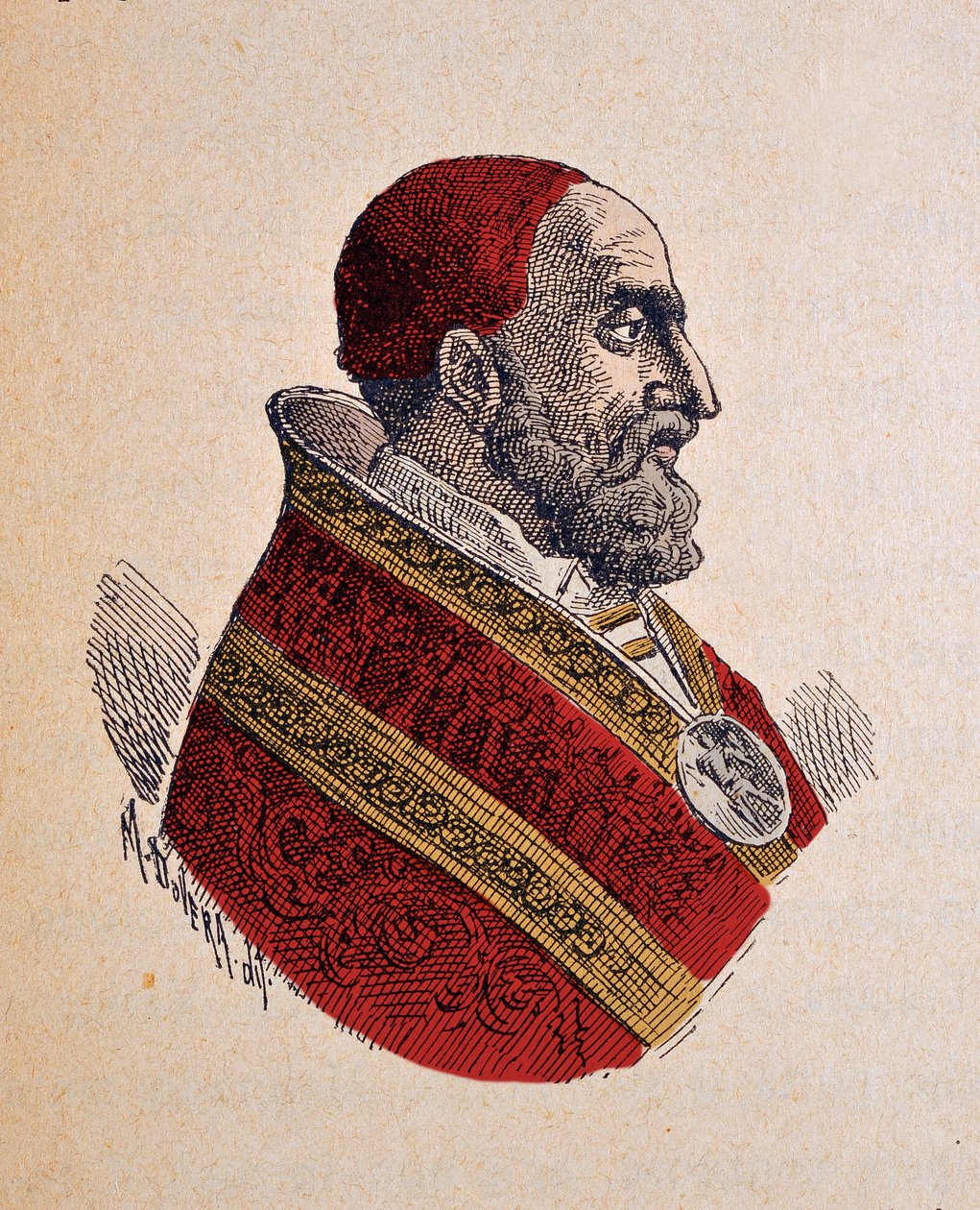 Portret papieża Grzegorza XIII (Gregorio, Gregorius lub Gregory) (1572-1585), 1898 (rycina z późniejszym zabarwieniem) autorstwa Italian School