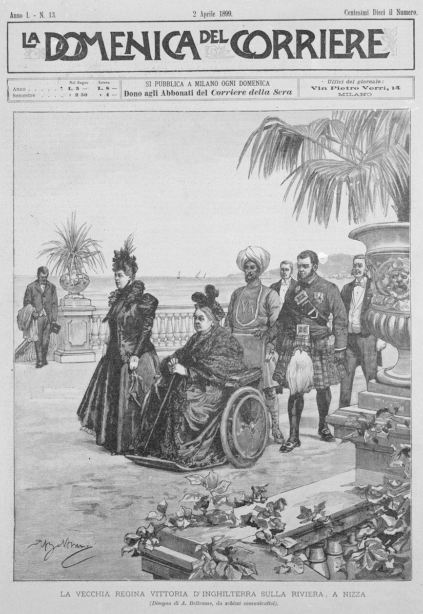 Królowa Wiktoria na Riwierze Włoskiej, okładka „La Domenica del Corriere”, 2 kwietnia 1899 r. autorstwa Italian School