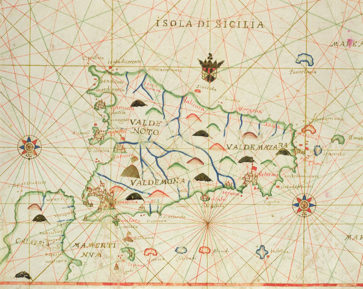 Sycylia i Cieśnina Mesyńska, z atlasu morskiego, 1646 (atrament na welinie) autorstwa Italian School