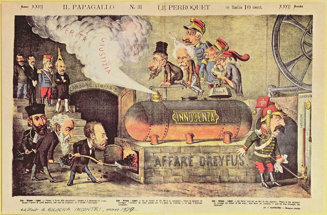 Afera Dreyfusa, 22 grudnia 1894, włoski rysunek satyryczny z „Le Perroquet” (Il Pappagallo), nr 31, sierpień 1899 autorstwa Italian School