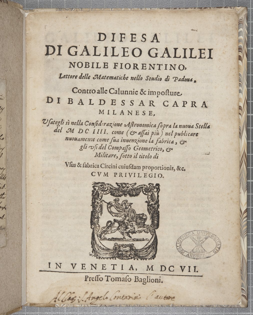 Strona tytułowa Difesy, autorstwa Galileusza, 1607 autorstwa Italian School