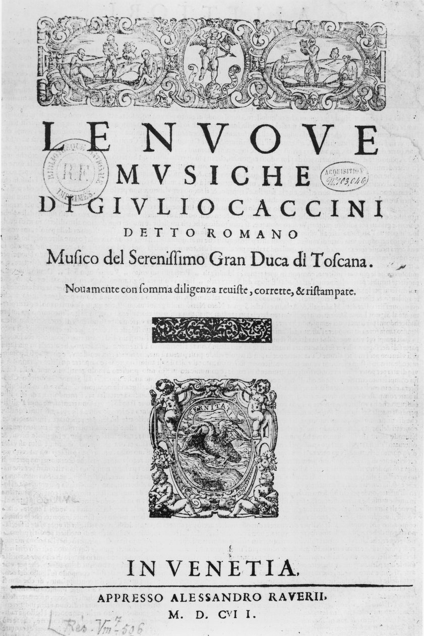 Strona tytułowa "Nouve Musiche" Giulio Caccini (ok. 1550-1615) 1602 autorstwa Italian School